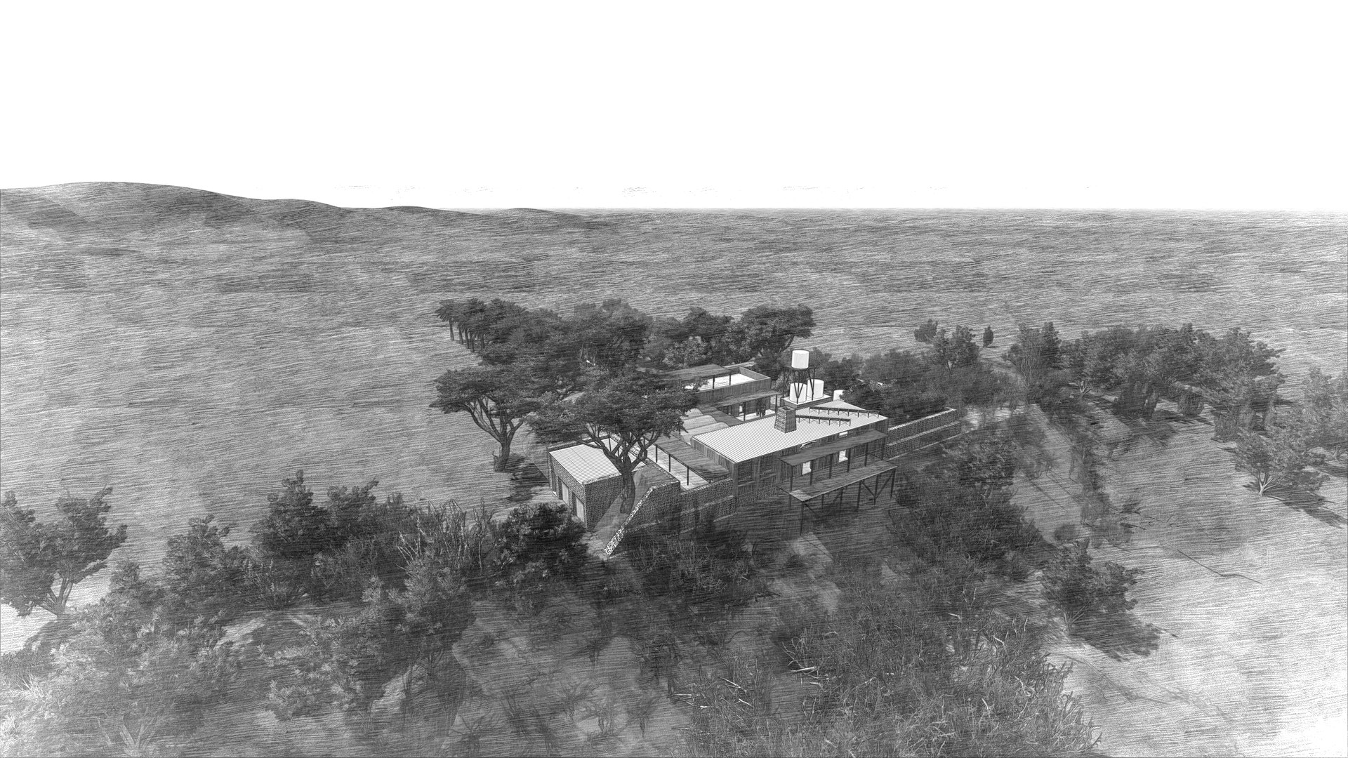 Off-Grid House Prieska — aerial render of the house in the fruit forest